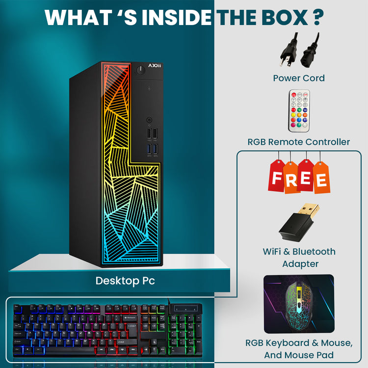 AXOII Custom RGB Desktop PC - Intel Core I5 - 8th Gen Up to 4.10 GHz Processor, AMD / GeForce Graphics Card, 16GB DDR4 RAM, 256GB NVMe + 1TB HDD, Gaming Keyboard & Mouse - Windows 11 Pro