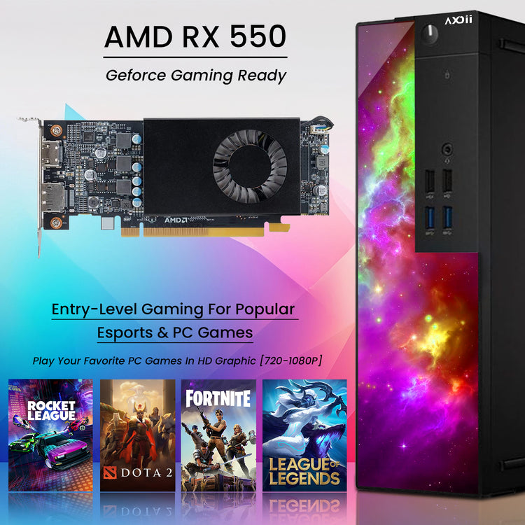 AXOII SPARK Gaming Desktop PC Computer, Intel Core i5/i7 - 8th Gen Processor, Graphics Card - AMD RX 550 / GT1030, 16GB DDR4 RAM, 512GB NVMe SSD, 24/27 Inch FHD Monitor, Wi-Fi, Bluetooth Adapter - Windows 11 Pro