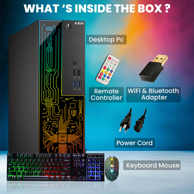 AXOII RGB Desktop Computer PC, Intel i5/i7  - 8th Gen Processor, 16GB DDR4 RAM, 512GB SSD, 24 Inch Monitor, Keyboard Mouse and Headset, WiFi, Windows 11 Pro