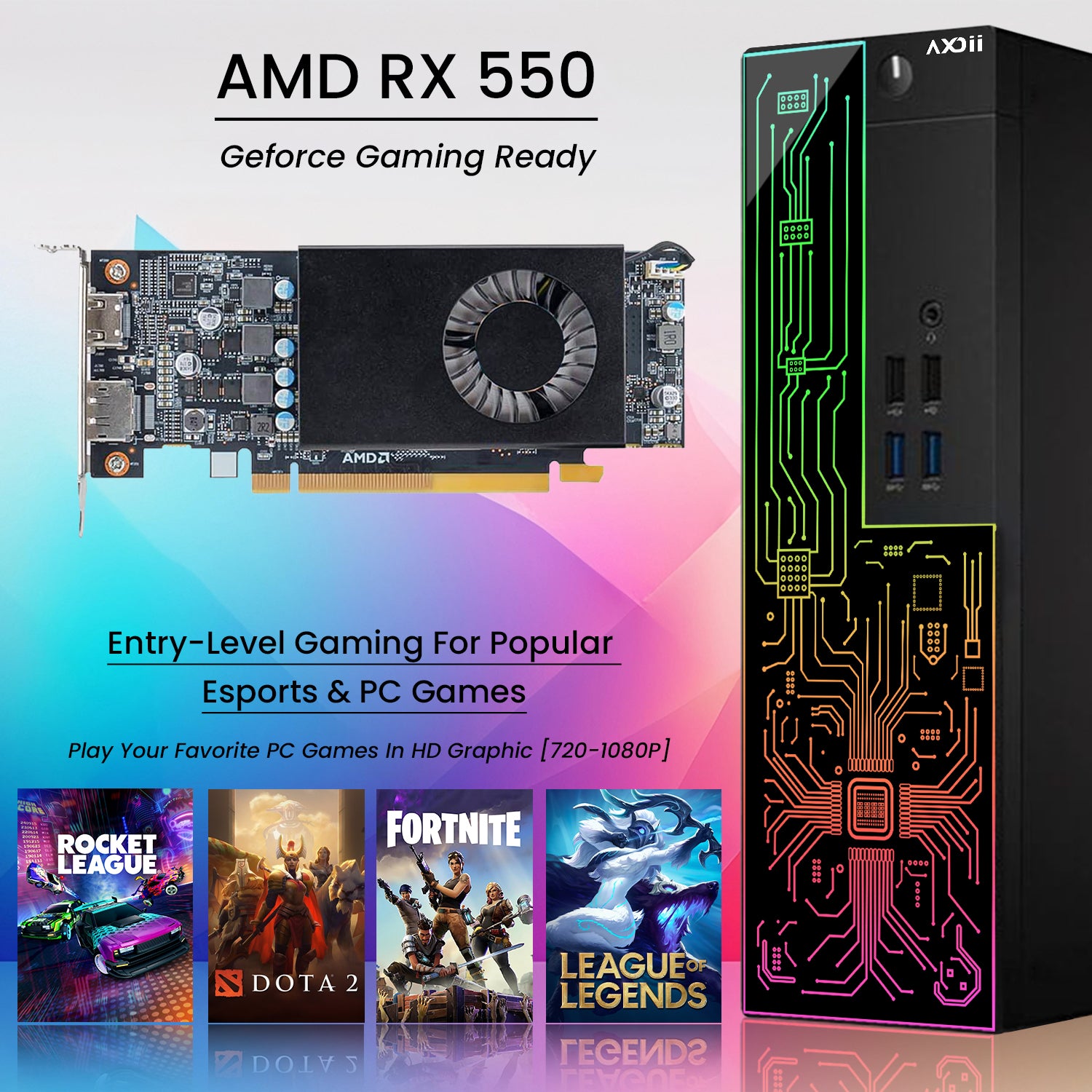 AXOII RGB Desktop Computer PC, Intel i5/i7  - 8th Gen Processor, 16GB DDR4 RAM, 512GB SSD, 24 Inch Monitor, Keyboard Mouse and Headset, WiFi, Windows 11 Pro
