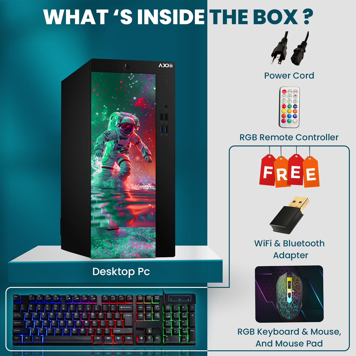 AXOII SPACEMAN RGB Desktop Computer PC, Intel Core i5/i7 Processor, 24-Inch FHD Monitor, 8GB - 16GB RAM, 256GB - 512GB SSD, Wi-Fi, Bluetooth - Windows 11 Pro