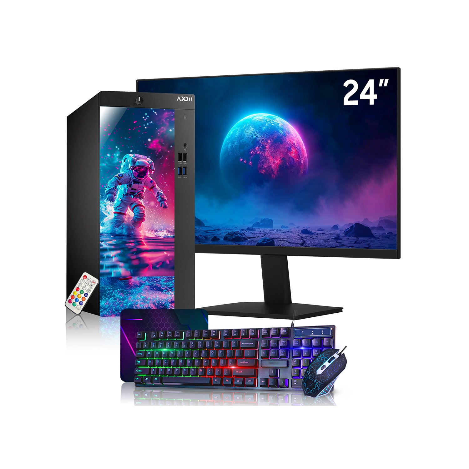 AXOII SPACEMAN RGB Desktop Computer PC, Intel Core i5/i7 Processor, 24-Inch FHD Monitor, 8GB - 16GB RAM, 256GB - 512GB SSD, Wi-Fi, Bluetooth - Windows 11 Pro