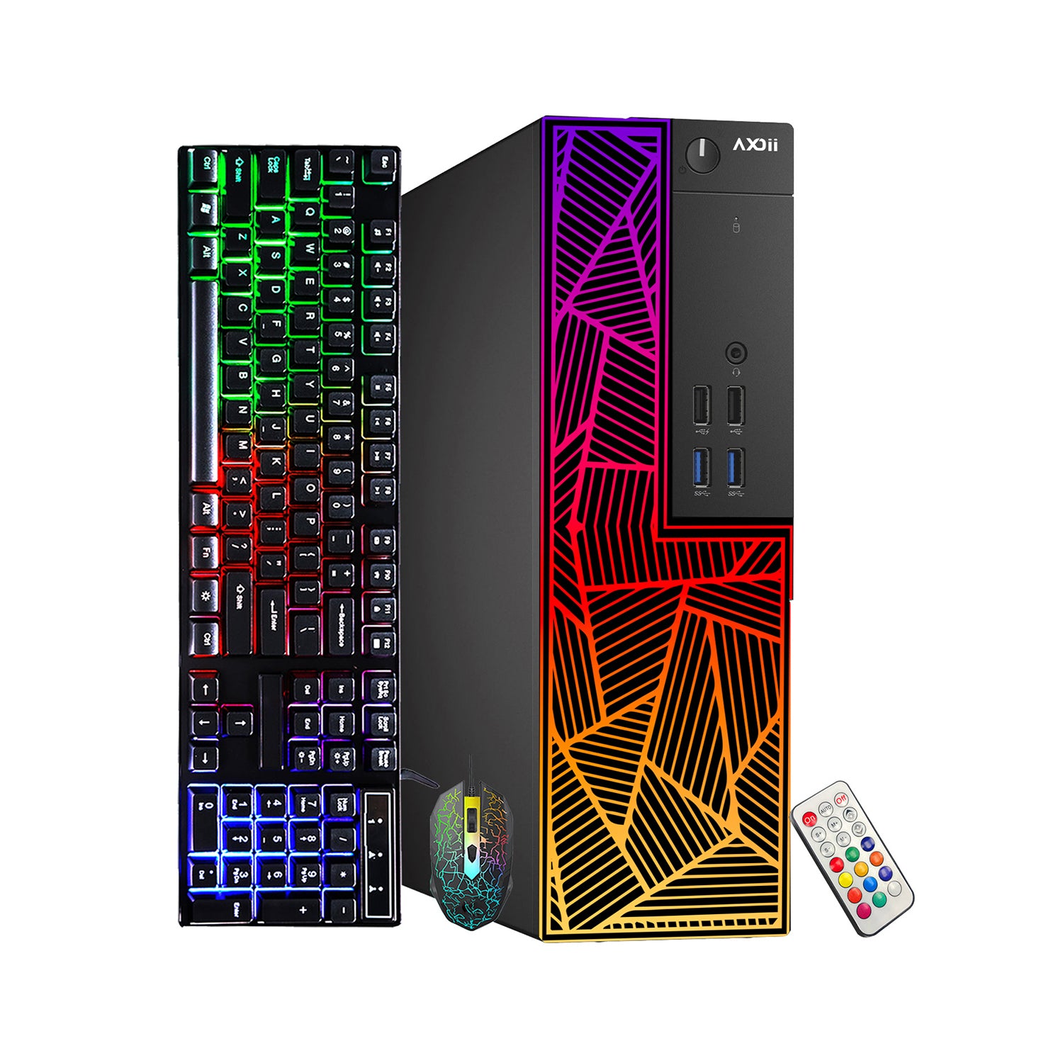 AXOII Custom RGB Desktop PC - Intel Core I5 - 8th Gen Up to 4.10 GHz Processor, AMD / GeForce Graphics Card, 16GB DDR4 RAM, 256GB NVMe + 1TB HDD, Gaming Keyboard & Mouse - Windows 11 Pro