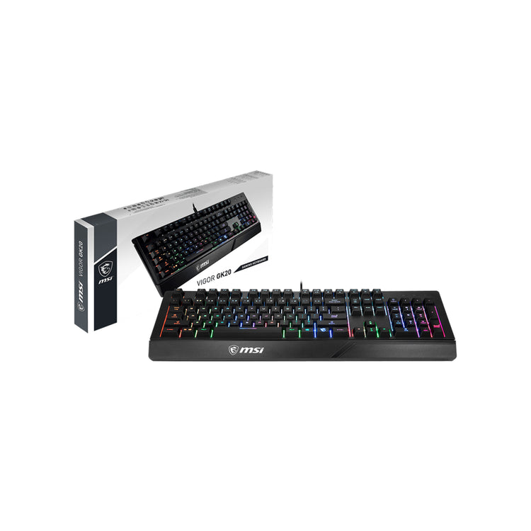 MSI VIGOR GK20 RGB Backlit Gaming Keyboard - Ergonomic Designed Keycaps, USB 2.0 Anti Ghosting With Hotkey Control, Water repellent - Black