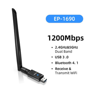 EDUP 1200Mbps Wireless USB 3.0 Wi-Fi Adapter | Dual Band 2.4GHz/5GHz | Bluetooth 4.1 | RTL8822BU Chipset | High-Gain 6dBi Antenna - Suitable for Desktop PC, Laptops (EDUP EP-1690)