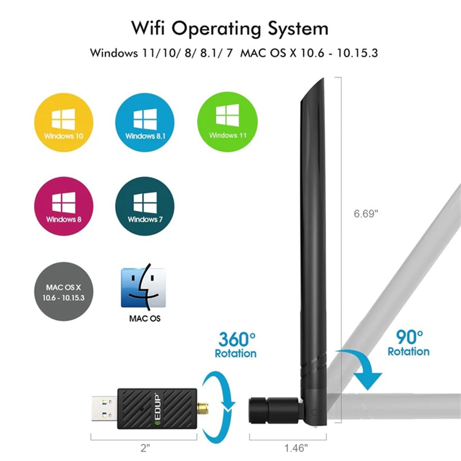 EDUP 1200Mbps Wireless USB 3.0 Wi-Fi Adapter | Dual Band 2.4GHz/5GHz | Bluetooth 4.1 | RTL8822BU Chipset | High-Gain 6dBi Antenna - Suitable for Desktop PC, Laptops (EDUP EP-1690)