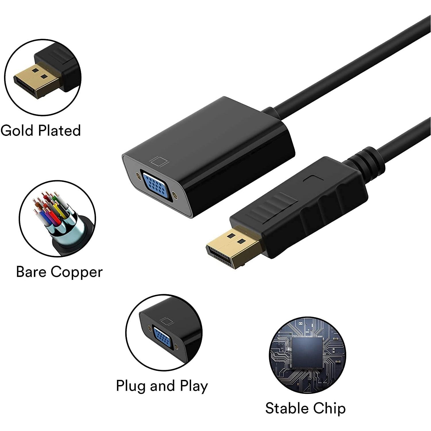 DisplayPort to VGA Adapter, DP Male to VGA Female Converter for PC, Laptop, Monitor & Projector
