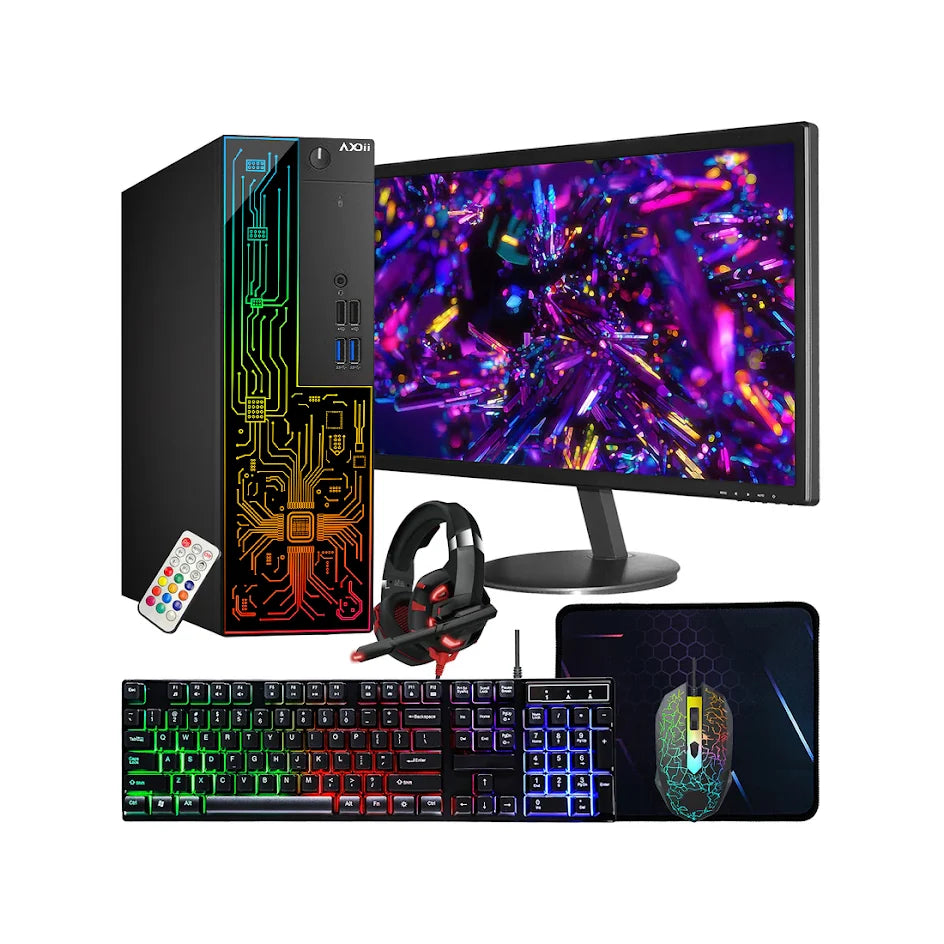 AXOII RGB Desktop Computer PC, Intel i5/i7  - 8th Gen Processor, 16GB DDR4 RAM, 512GB SSD, 24 Inch Monitor, Keyboard Mouse and Headset, WiFi, Windows 11 Pro