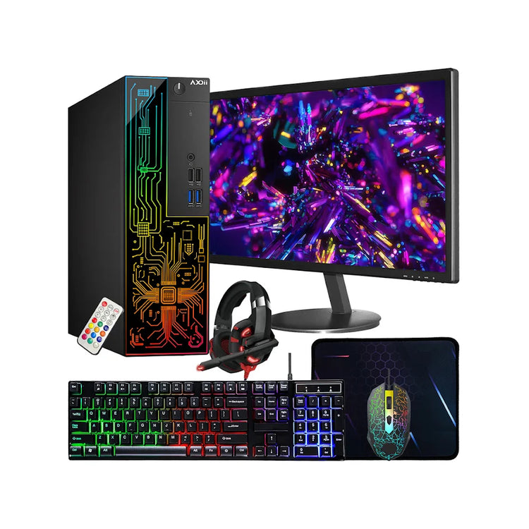 AXOII RGB Desktop Computer PC, Intel i5/i7  - 8th Gen Processor, 16GB DDR4 RAM, 512GB SSD, 24 Inch Monitor, Keyboard Mouse and Headset, WiFi, Windows 11 Pro